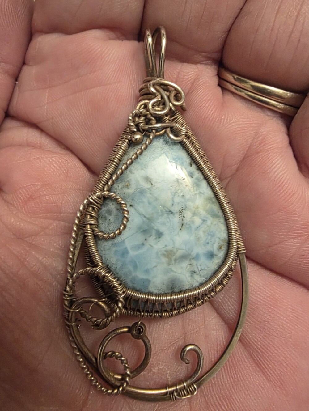 Wire-Wrapped Larimar Teardrop Pendant.
